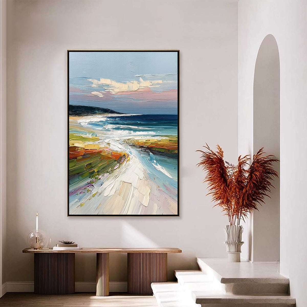 Coastal Embrace hand-painted ocean blue and ivory textured seascape painting shown with silver frame
