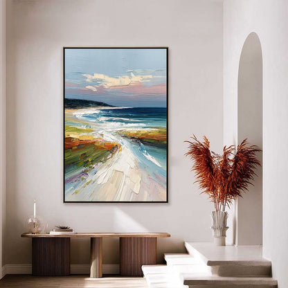 Coastal Embrace hand-painted ocean blue and ivory textured seascape painting shown with silver frame