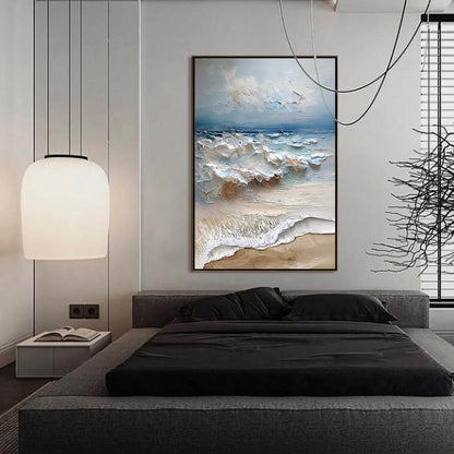 Coastal Embrace hand-painted sand and ivory textured seascape painting shown with silver frame