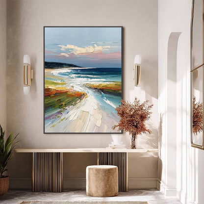 Coastal Embrace hand-painted ocean blue and ivory textured seascape painting shown with black frame
