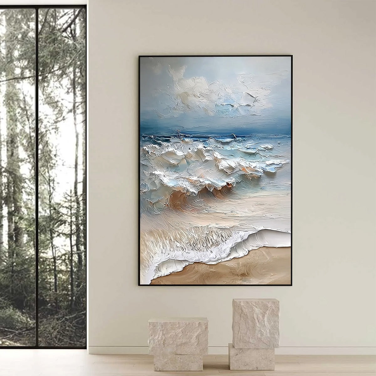Coastal Embrace hand-painted sand and ivory textured seascape painting shown with black frame