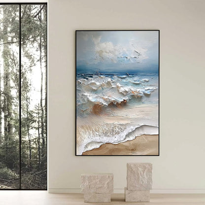 Coastal Embrace hand-painted sand and ivory textured seascape painting shown with black frame
