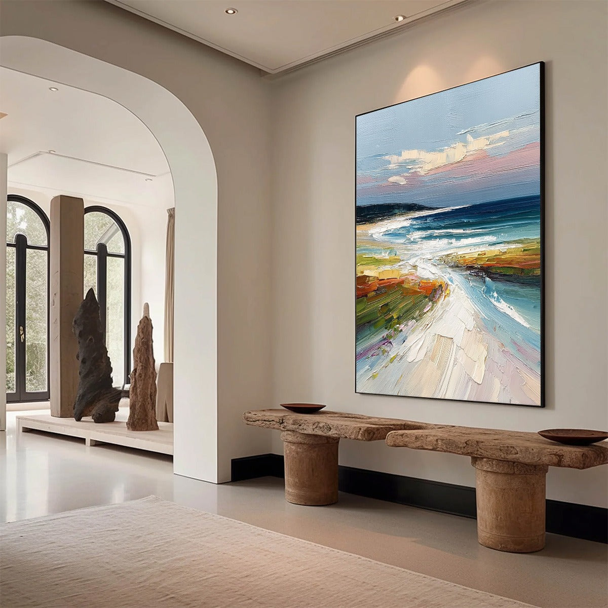Coastal Embrace hand-painted ocean blue and ivory textured seascape painting shown with wood frame