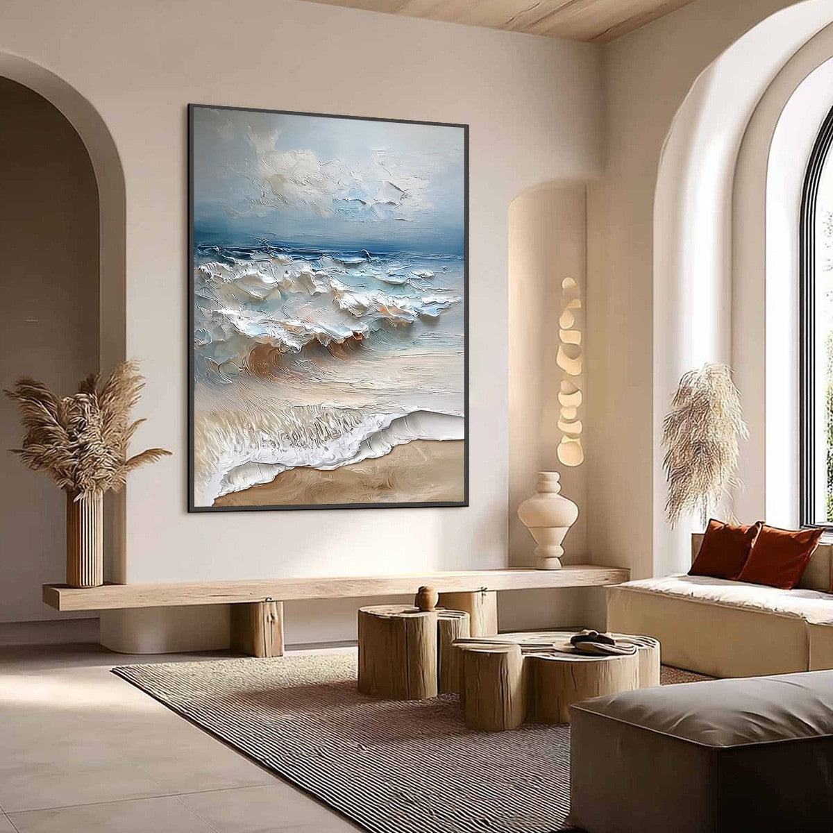 Coastal Embrace hand-painted sand and ivory textured seascape painting shown with wood frame