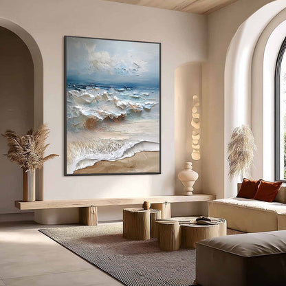 Coastal Embrace hand-painted sand and ivory textured seascape painting shown with wood frame
