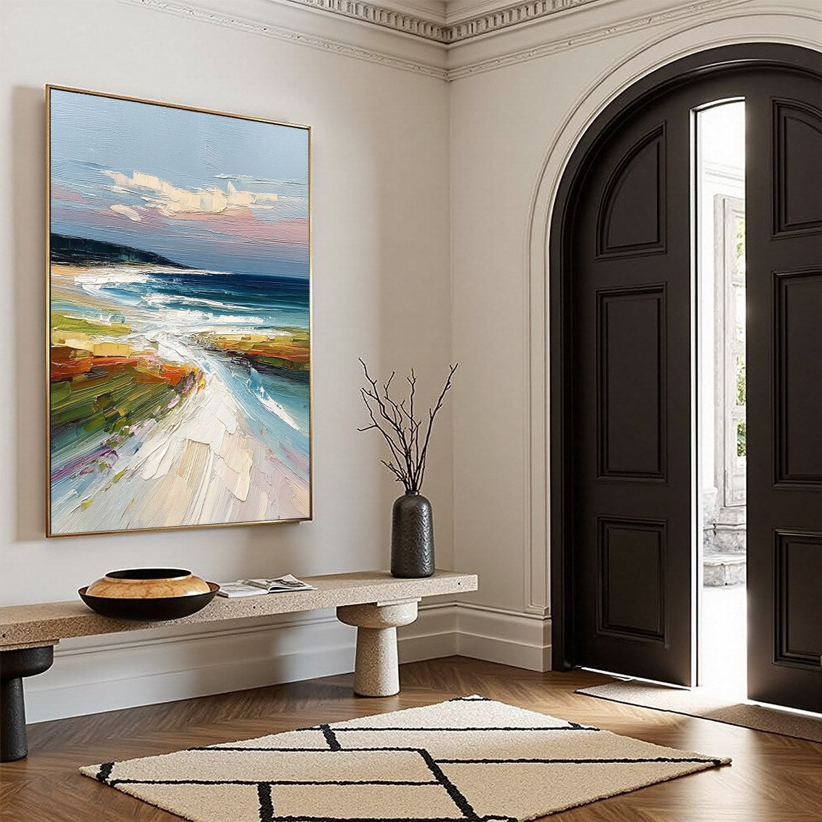 Coastal Embrace hand-painted ocean blue and ivory textured seascape painting rolled canvas option