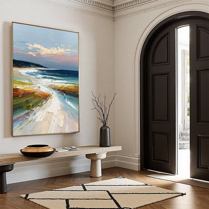 Coastal Embrace hand-painted ocean blue and ivory textured seascape painting rolled canvas option