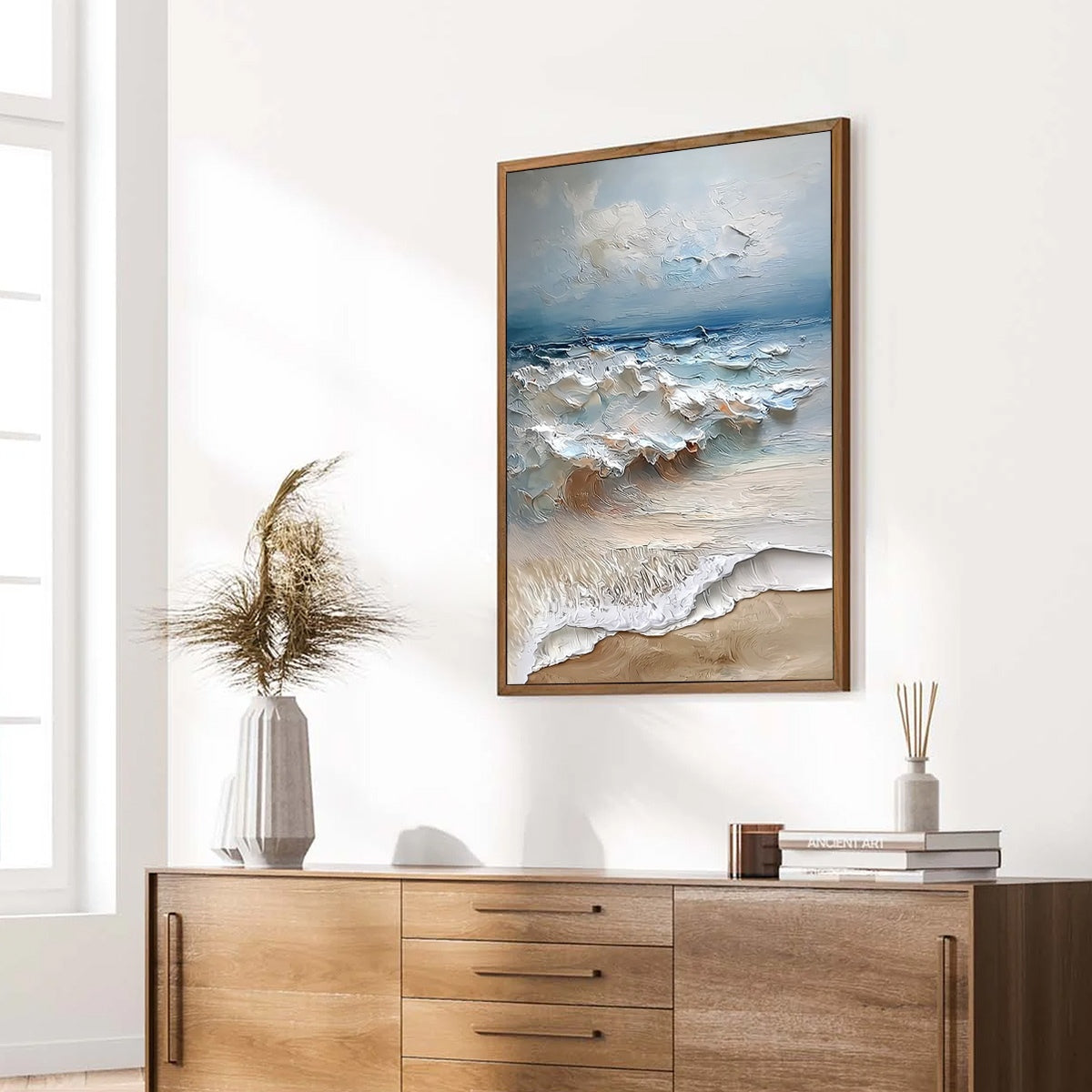 Coastal Embrace hand-painted sand and ivory textured seascape painting rolled canvas option