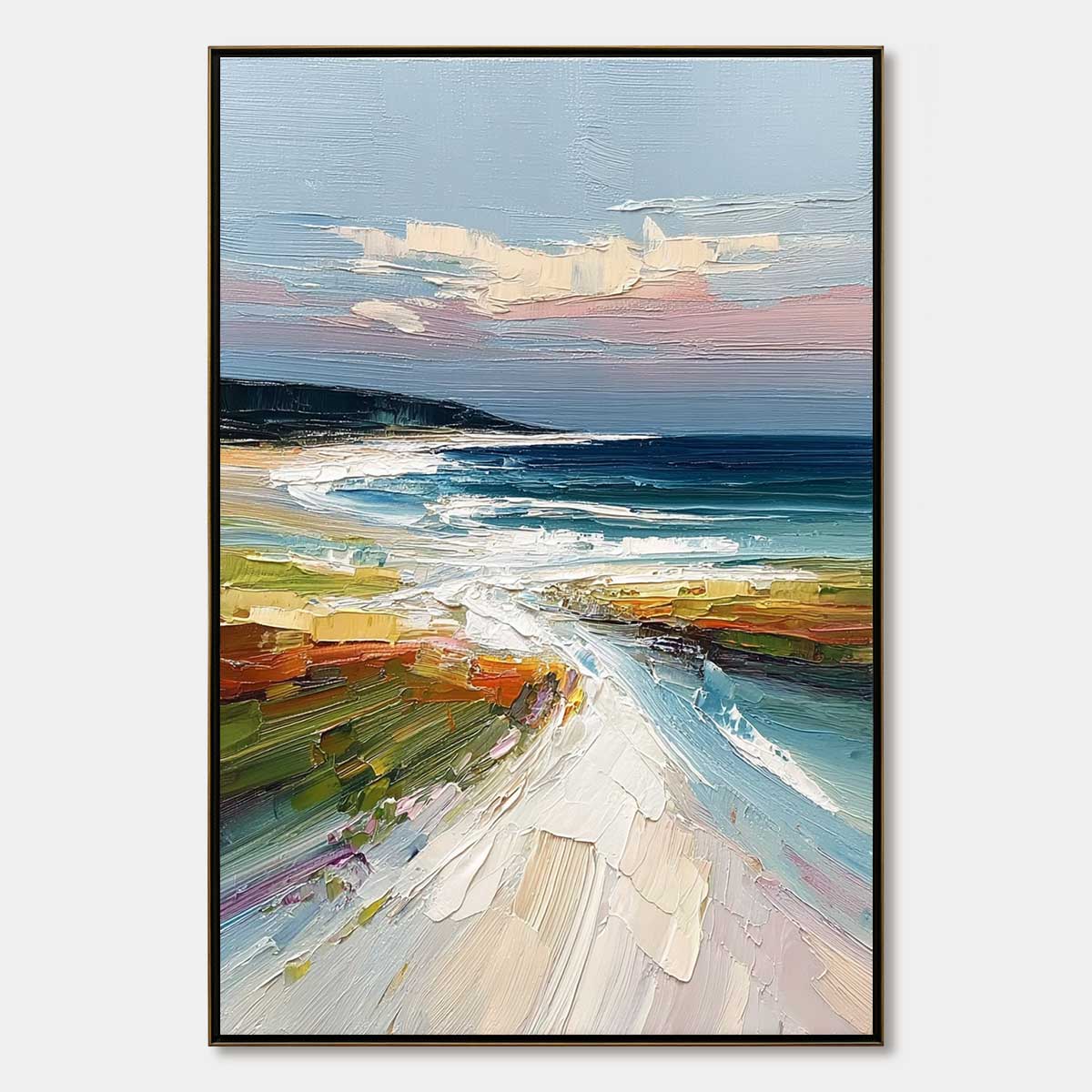 Coastal Embrace hand-painted ocean blue and ivory textured seascape painting rolled canvas option