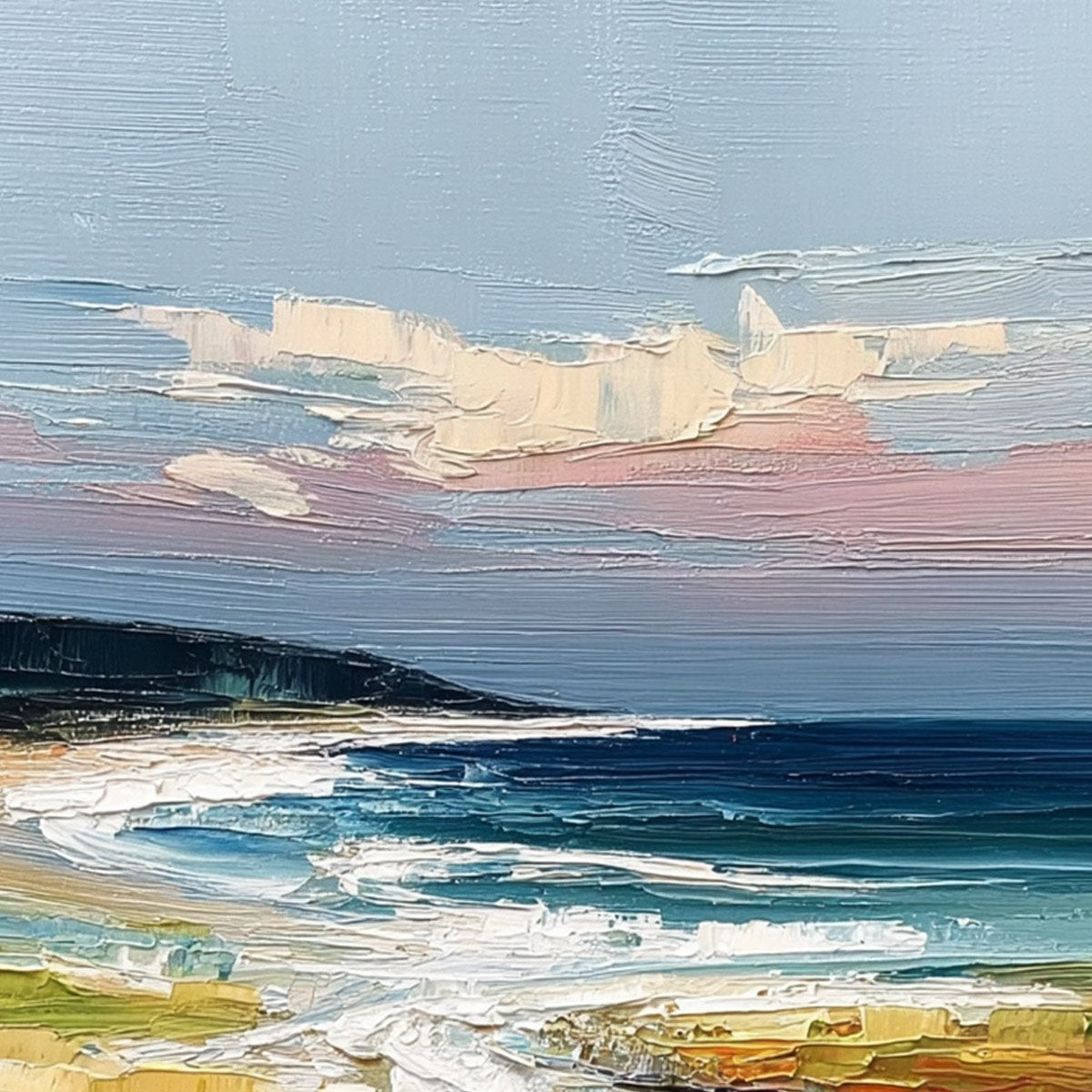 Coastal Embrace hand-painted ocean blue and ivory textured seascape painting shown with gold frame
