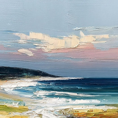 Coastal Embrace hand-painted ocean blue and ivory textured seascape painting shown with gold frame