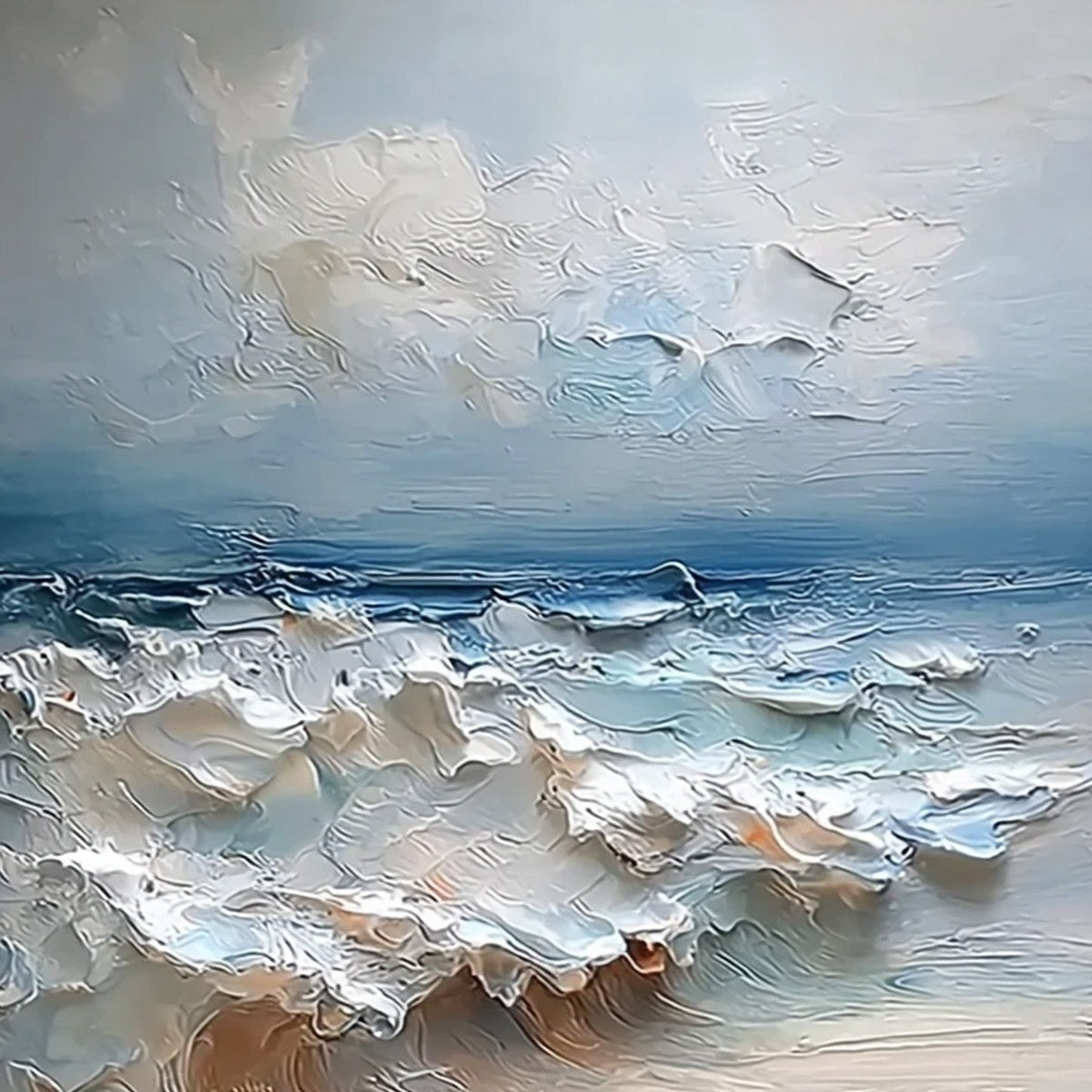 Coastal Embrace hand-painted sand and ivory textured seascape painting shown with white frame