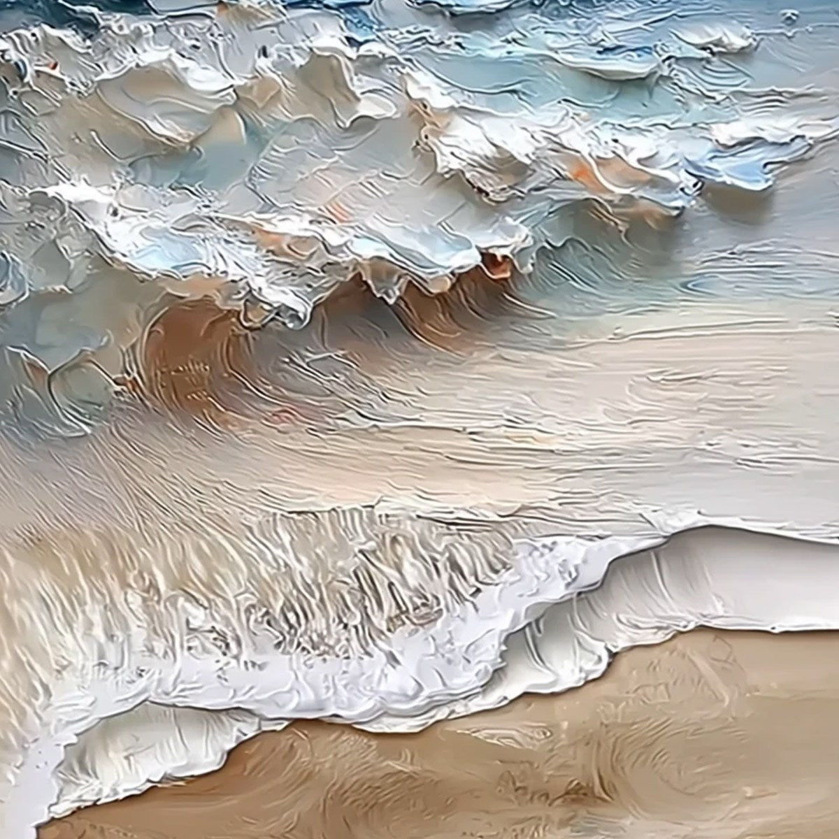Coastal Embrace hand-painted sand and ivory textured seascape painting shown with gold frame