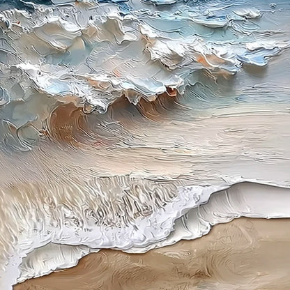 Coastal Embrace hand-painted sand and ivory textured seascape painting shown with gold frame
