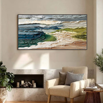 Coastal Embrace hand-painted ocean blue, ivory and soft neutral tones textured coastal abstract painting shown as stretched canvas