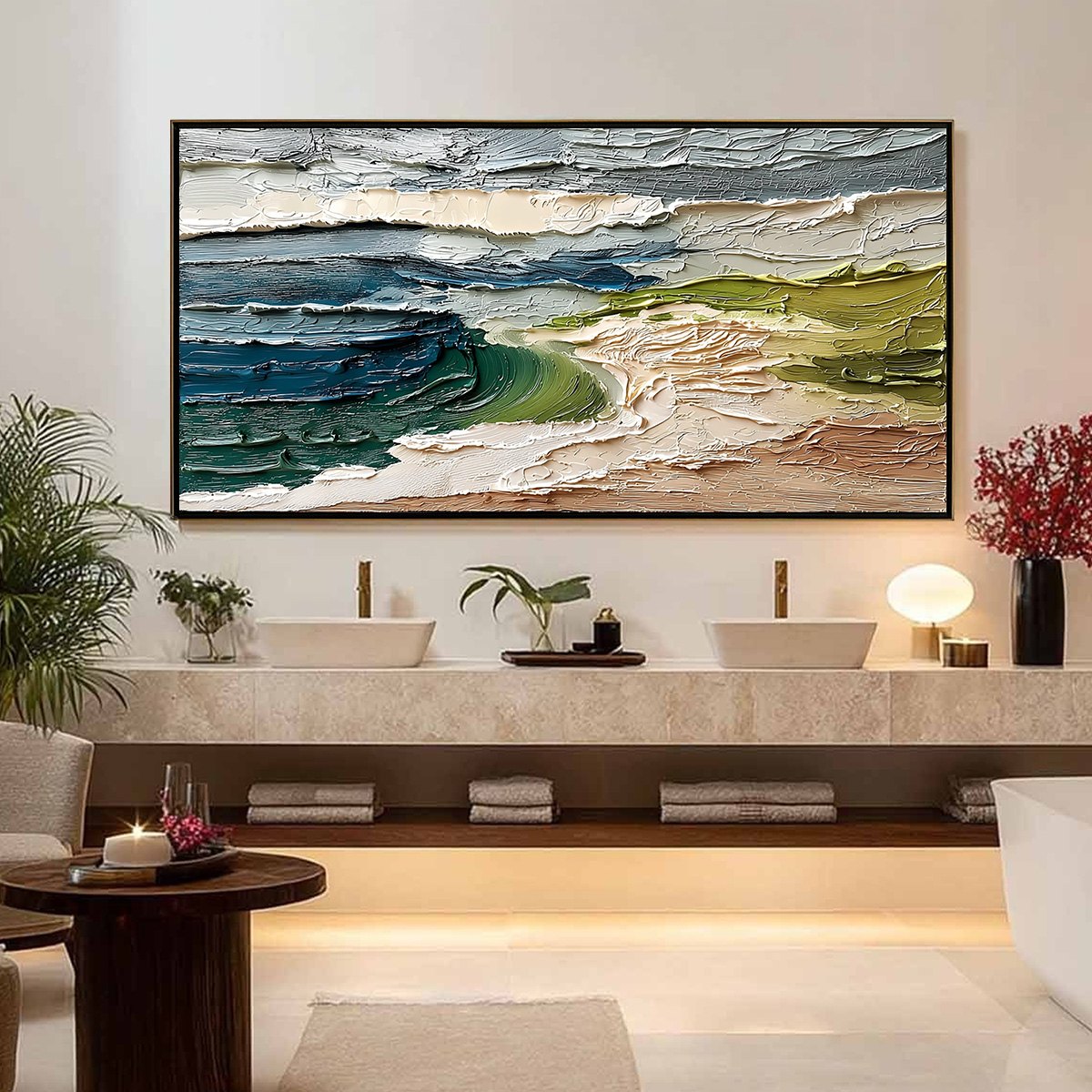 Coastal Embrace hand-painted ocean blue, ivory and soft neutral tones textured coastal abstract painting shown with silver frame