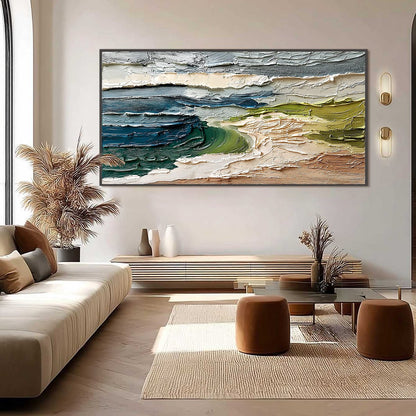 Coastal Embrace hand-painted ocean blue, ivory and soft neutral tones textured coastal abstract painting shown with black frame