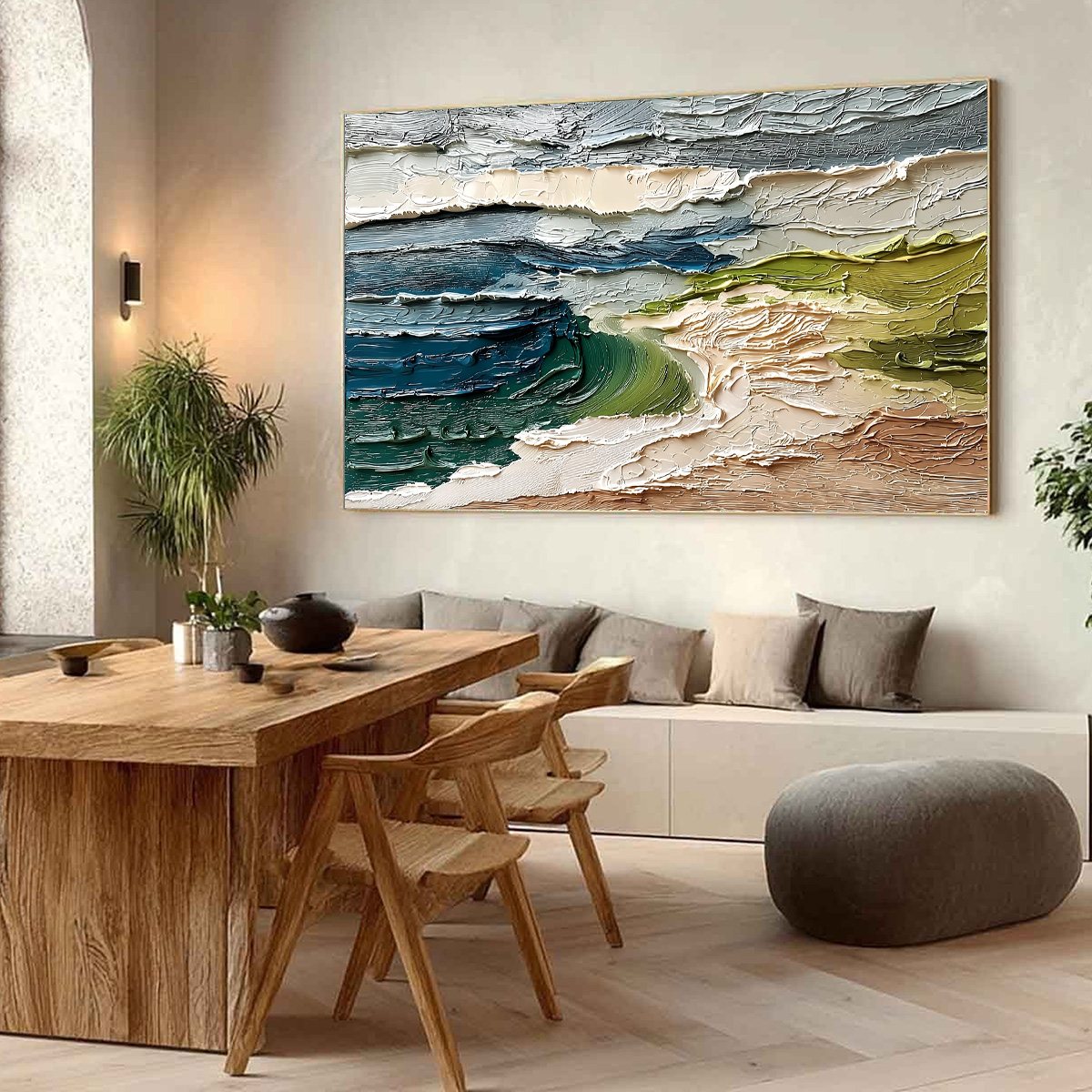 Coastal Embrace hand-painted ocean blue, ivory and soft neutral tones textured coastal abstract painting shown with wood frame