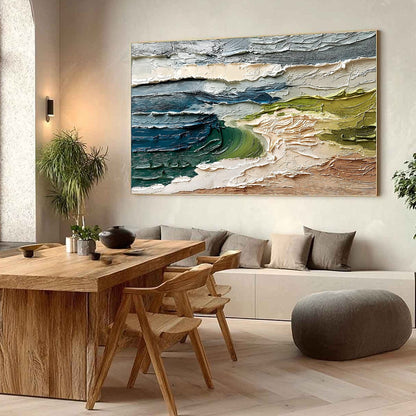 Coastal Embrace hand-painted ocean blue, ivory and soft neutral tones textured coastal abstract painting shown with wood frame