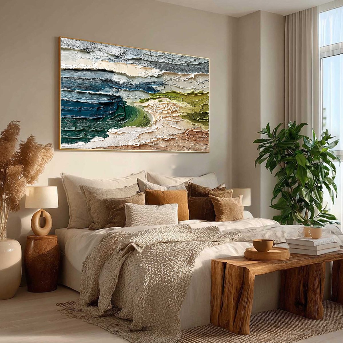Coastal Embrace hand-painted ocean blue, ivory and soft neutral tones textured coastal abstract painting rolled canvas option
