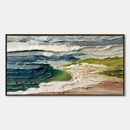 Coastal Embrace hand-painted ocean blue, ivory and soft neutral tones textured coastal abstract painting rolled canvas option