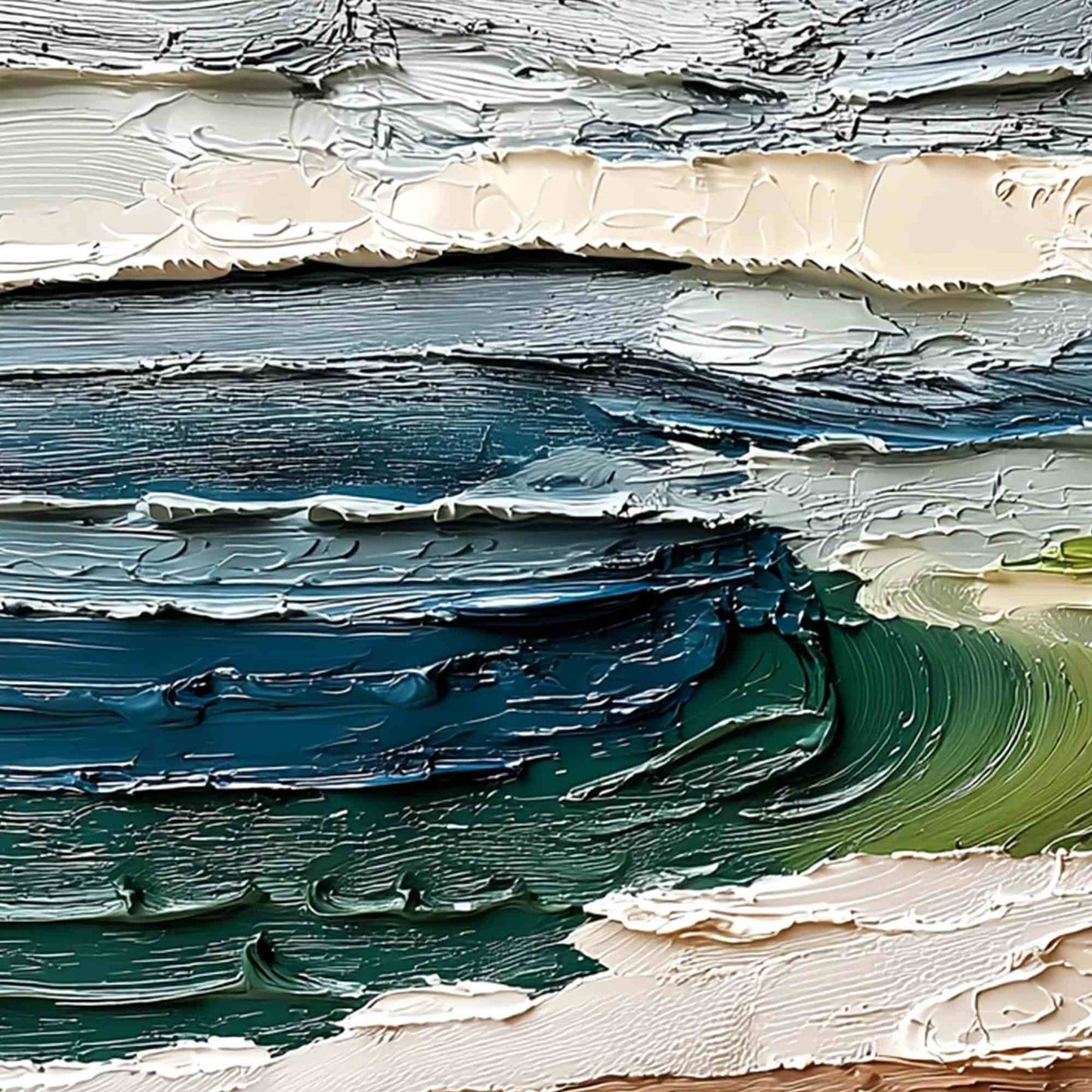 Coastal Embrace hand-painted ocean blue, ivory and soft neutral tones textured coastal abstract painting shown with gold frame