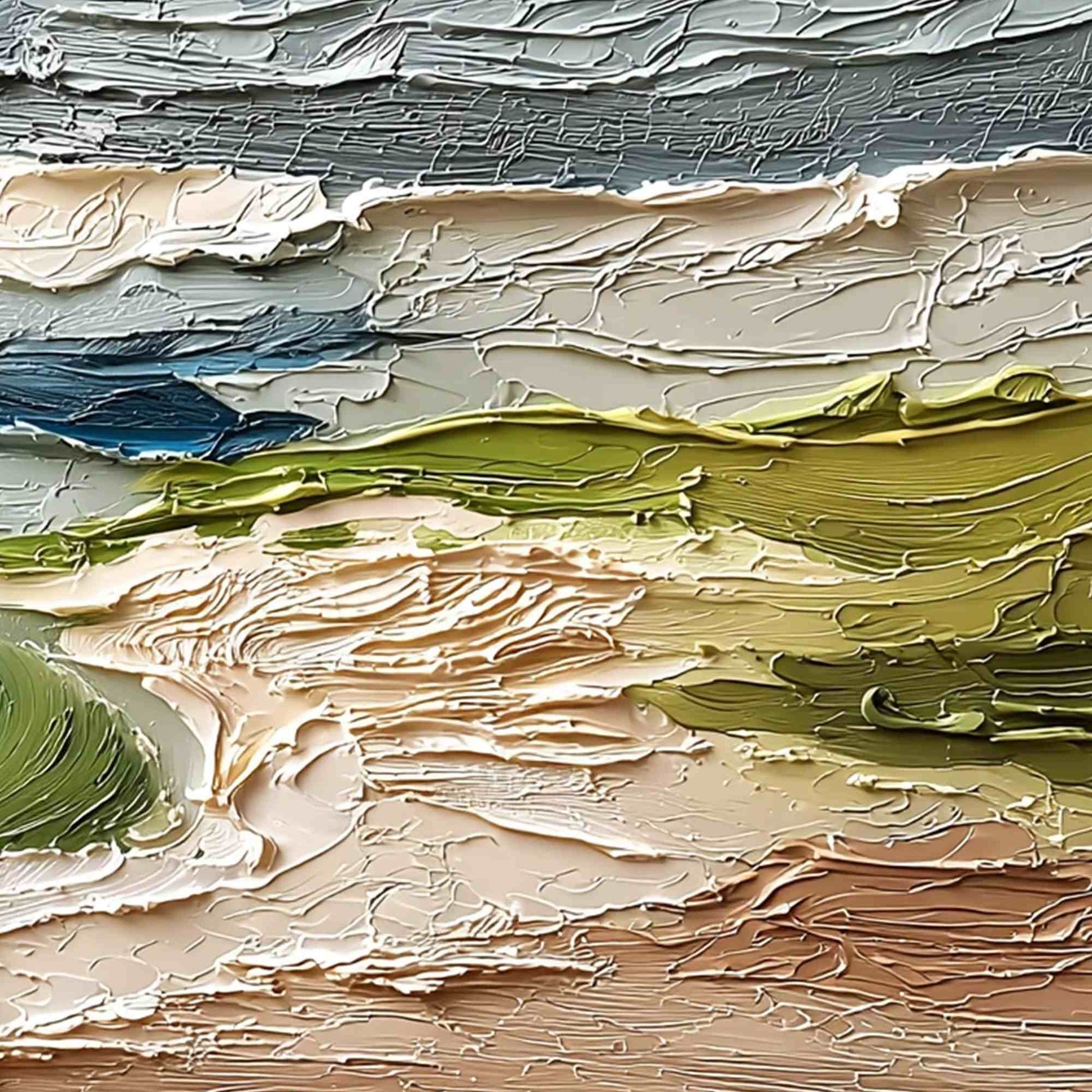 Coastal Embrace hand-painted ocean blue, ivory and soft neutral tones textured coastal abstract painting shown with white frame