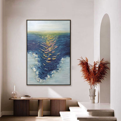 Coastal Glow hand-painted gold and ivory textured sunset seascape painting shown with silver frame