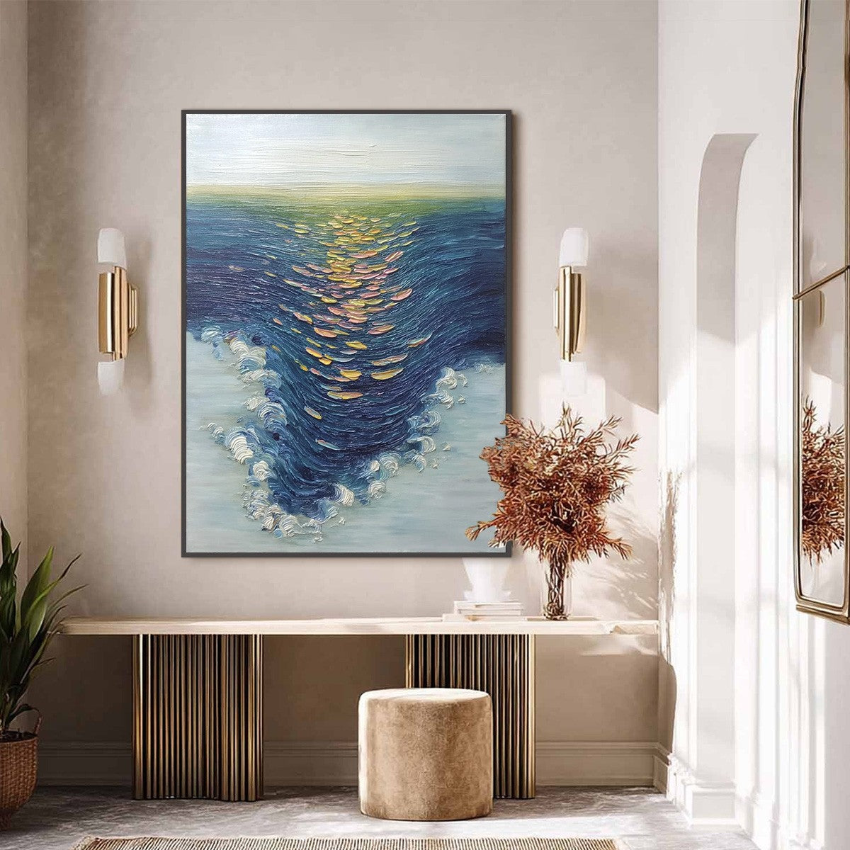 Coastal Glow hand-painted gold and ivory textured sunset seascape painting shown with black frame