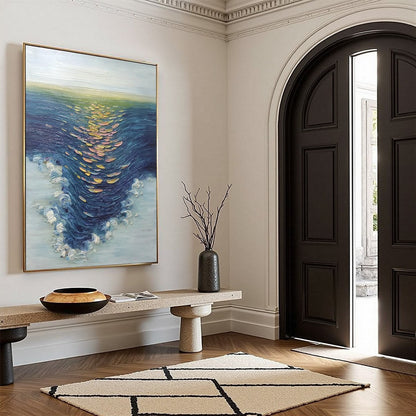 Coastal Glow hand-painted gold and ivory textured sunset seascape painting rolled canvas option