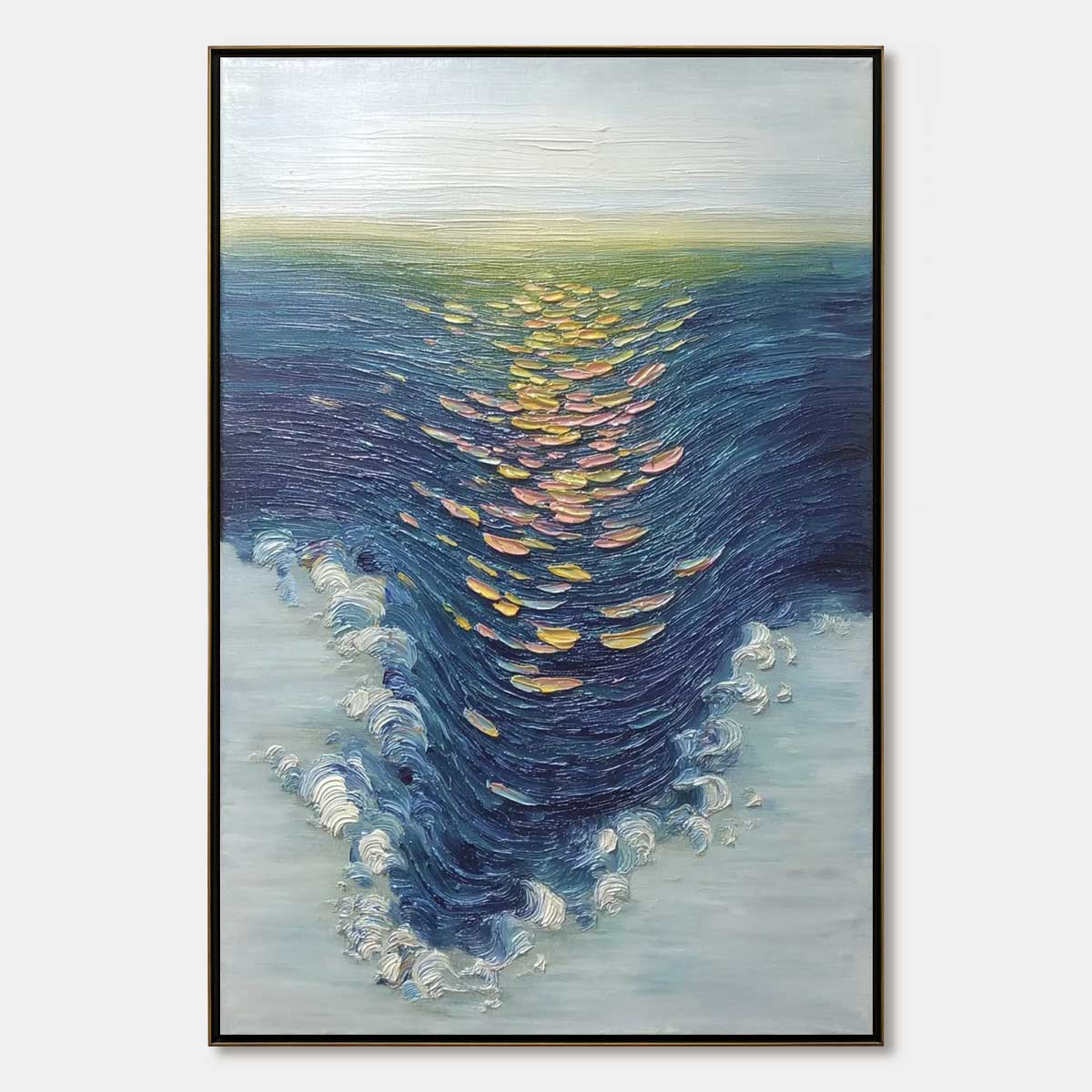 Coastal Glow hand-painted gold and ivory textured sunset seascape painting rolled canvas option