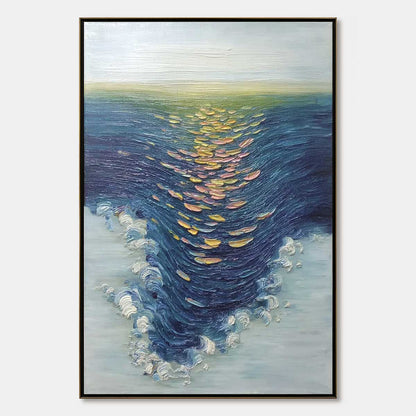 Coastal Glow hand-painted gold and ivory textured sunset seascape painting rolled canvas option