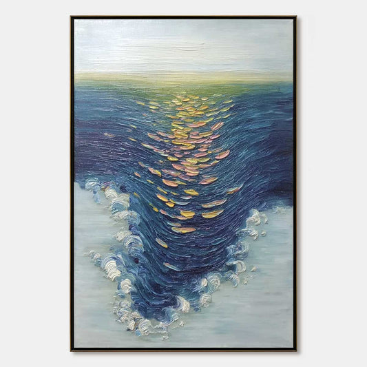 Coastal Glow hand-painted gold and ivory textured sunset seascape painting rolled canvas option