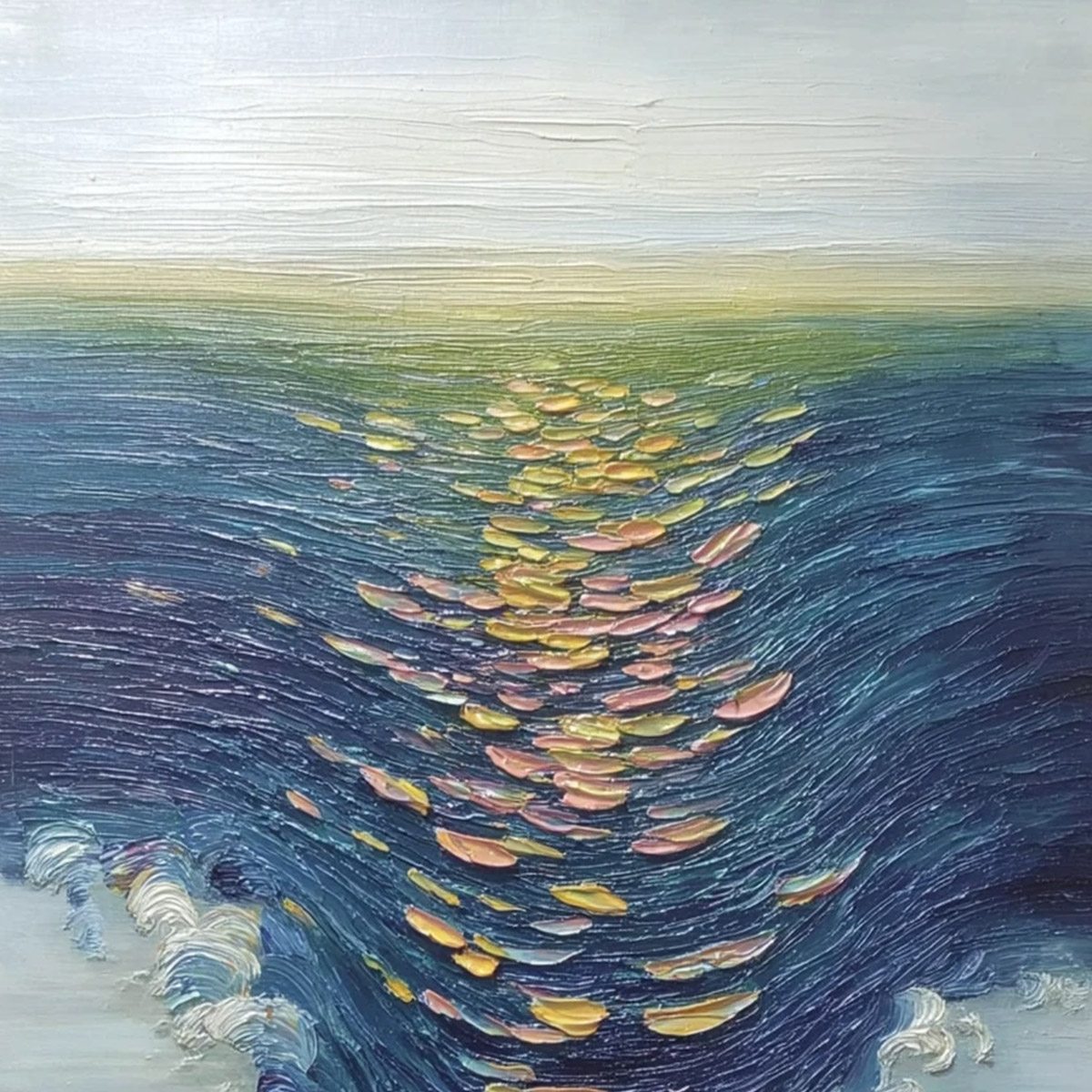 Coastal Glow hand-painted gold and ivory textured sunset seascape painting shown with gold frame