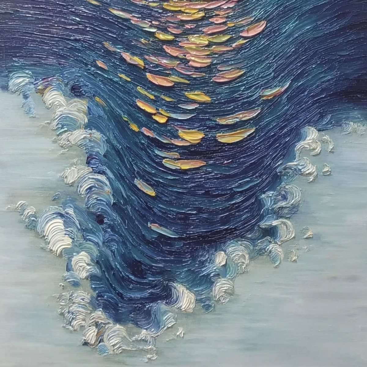 Coastal Glow hand-painted gold and ivory textured sunset seascape painting shown with white frame
