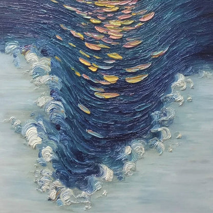 Coastal Glow hand-painted gold and ivory textured sunset seascape painting shown with white frame