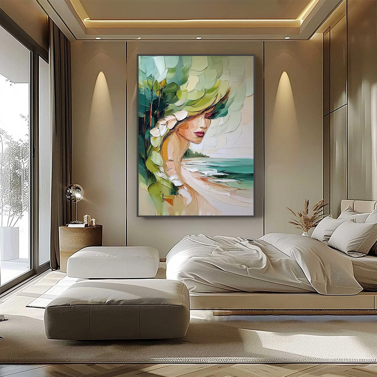 Green Figurative Impasto Oil Painting – Coastal Muse