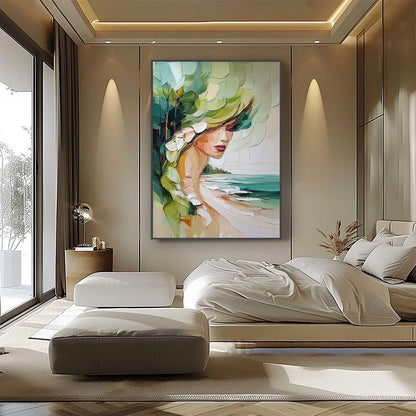 Green Figurative Impasto Oil Painting – Coastal Muse