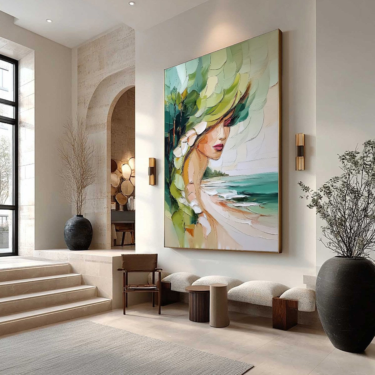 Green Figurative Impasto Oil Painting – Coastal Muse