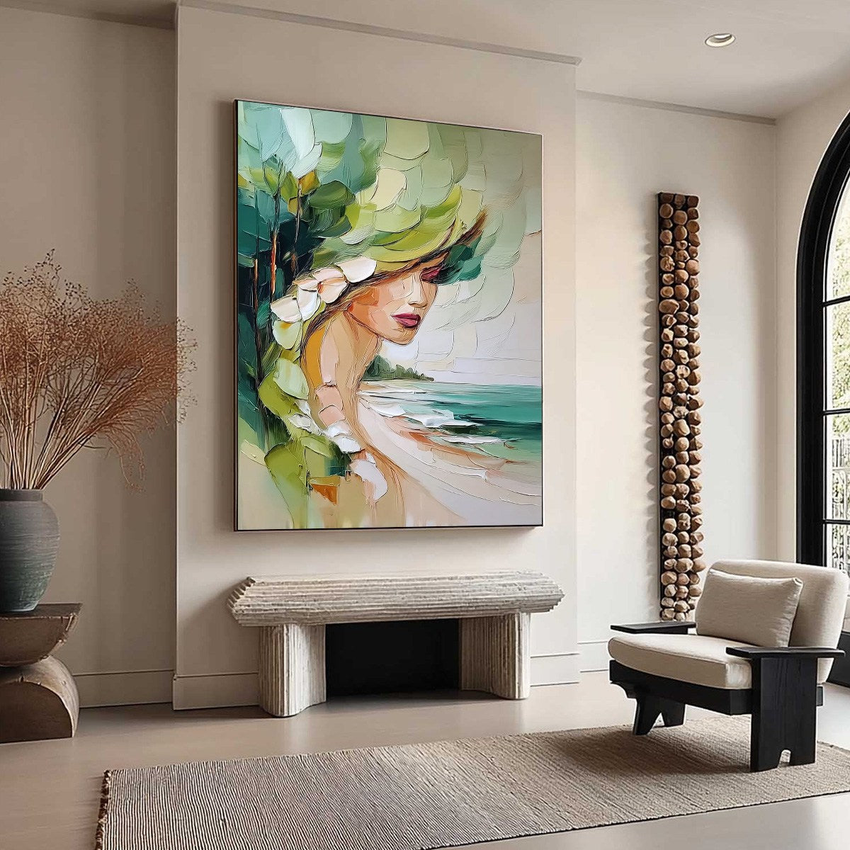 Green Figurative Impasto Oil Painting – Coastal Muse