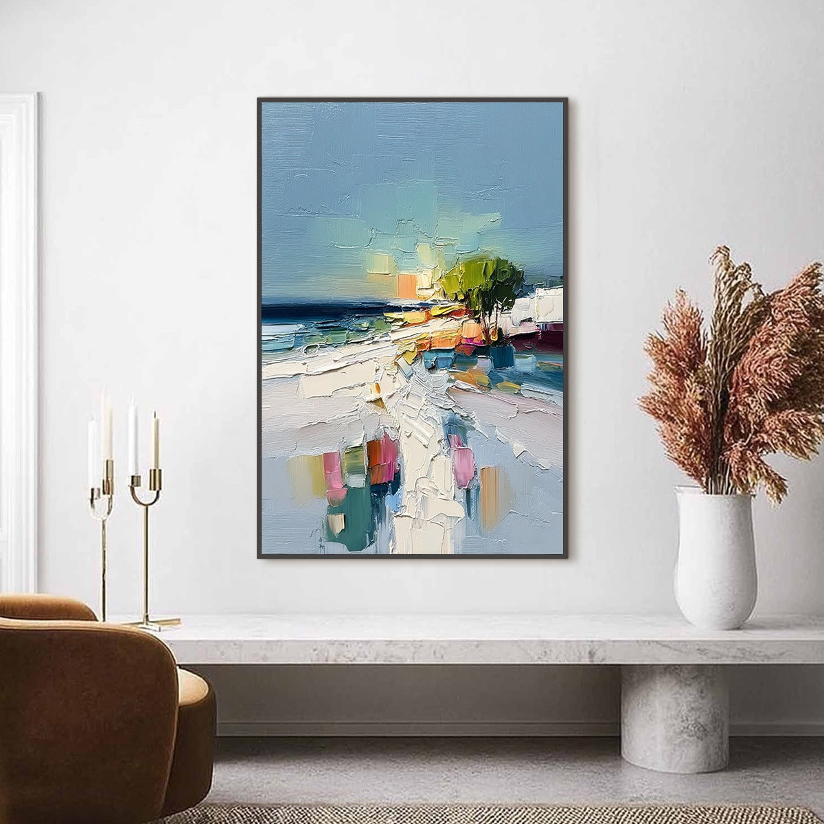 Coastal Path hand-painted ocean blue, ivory and soft neutral tones textured coastal abstract painting shown as stretched canvas