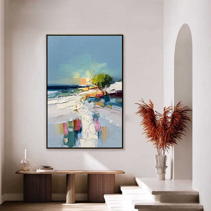 Coastal Path hand-painted ocean blue, ivory and soft neutral tones textured coastal abstract painting shown with silver frame