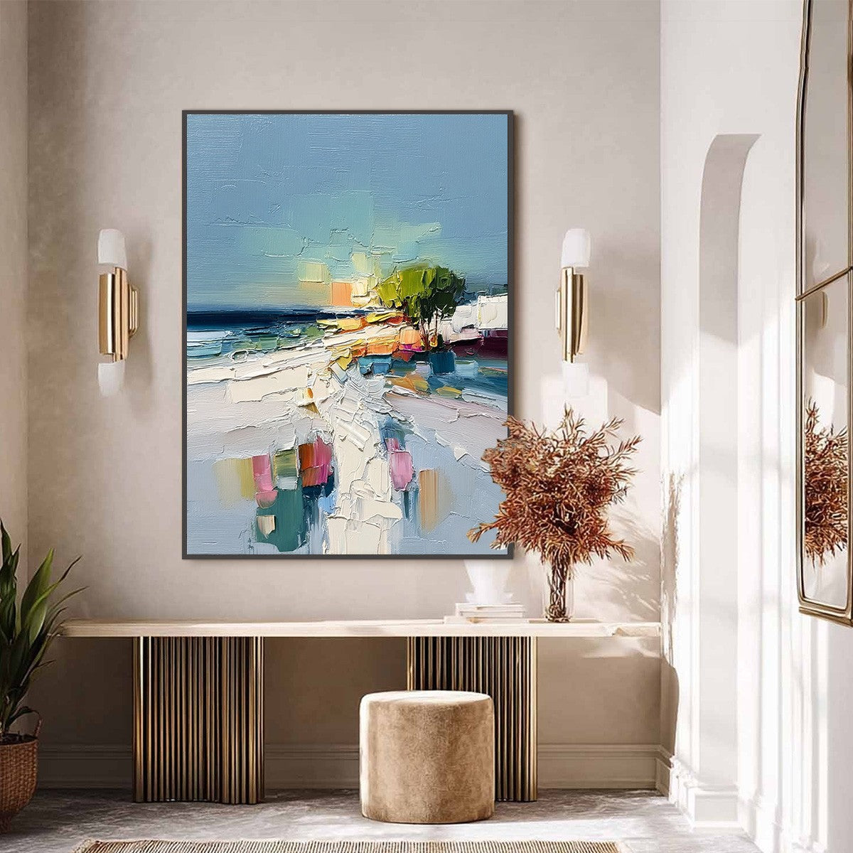 Coastal Path hand-painted ocean blue, ivory and soft neutral tones textured coastal abstract painting shown with black frame