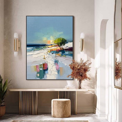 Coastal Path hand-painted ocean blue, ivory and soft neutral tones textured coastal abstract painting shown with black frame