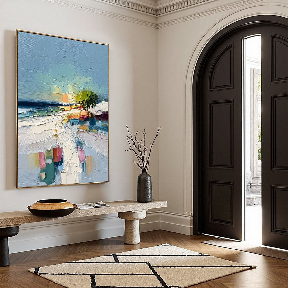 Coastal Path hand-painted ocean blue, ivory and soft neutral tones textured coastal abstract painting rolled canvas option