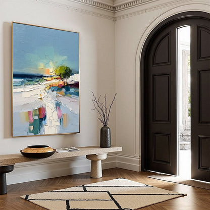 Coastal Path hand-painted ocean blue, ivory and soft neutral tones textured coastal abstract painting rolled canvas option