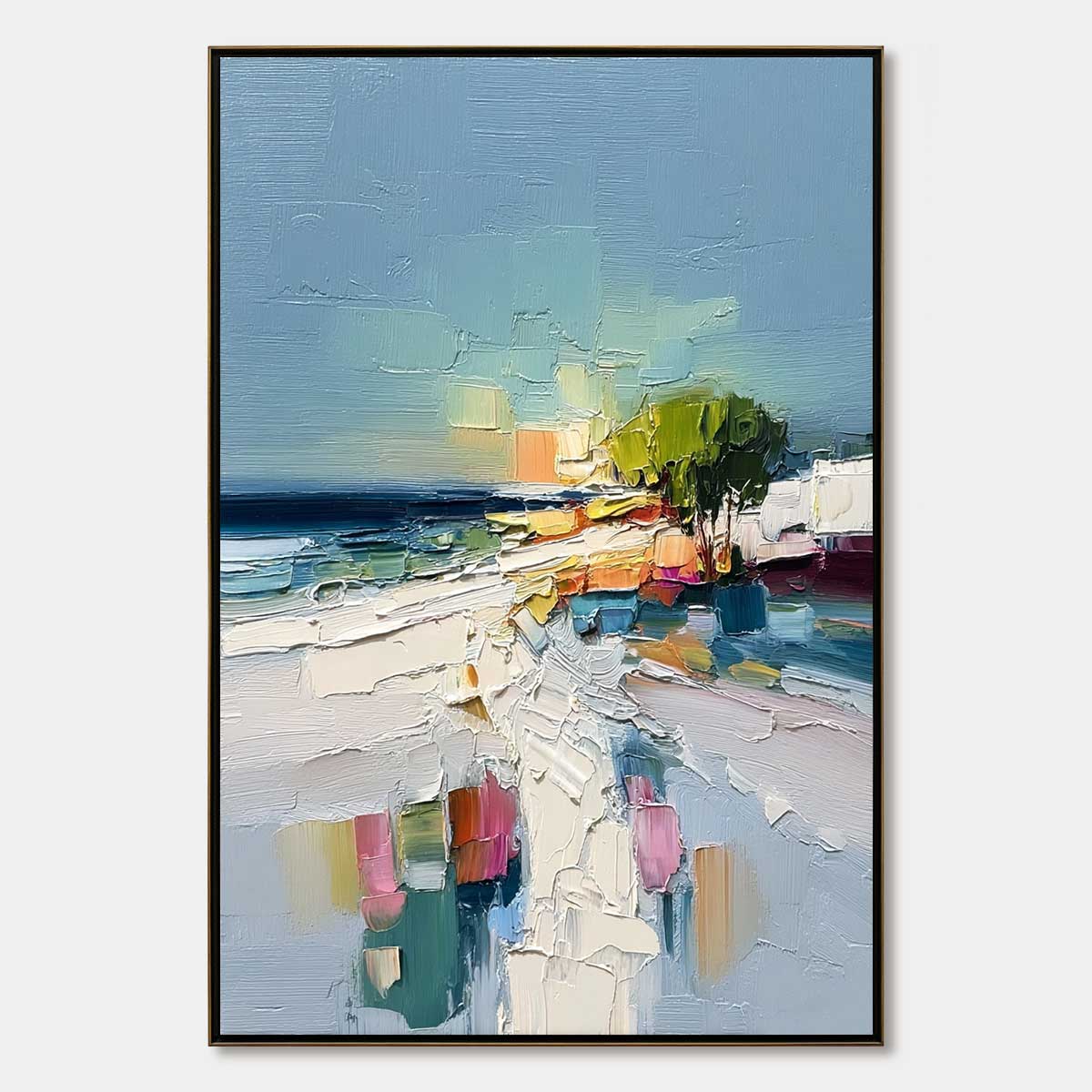 Coastal Path hand-painted ocean blue, ivory and soft neutral tones textured coastal abstract painting rolled canvas option