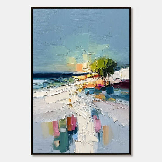 Coastal Path hand-painted ocean blue, ivory and soft neutral tones textured coastal abstract painting rolled canvas option