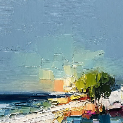 Coastal Path hand-painted ocean blue, ivory and soft neutral tones textured coastal abstract painting shown with gold frame