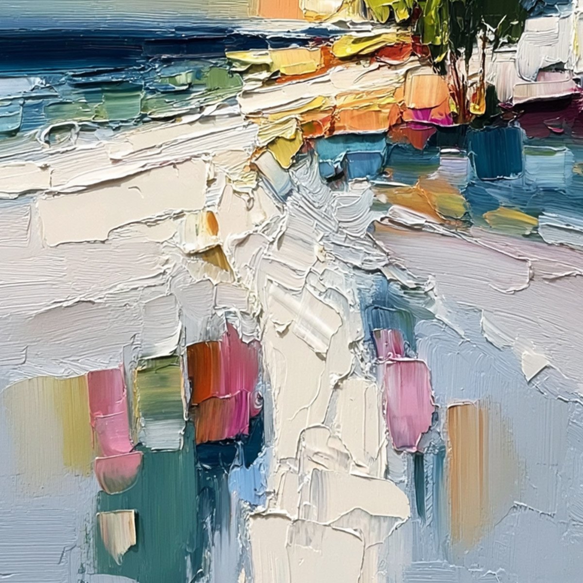 Coastal Path hand-painted ocean blue, ivory and soft neutral tones textured coastal abstract painting shown with white frame